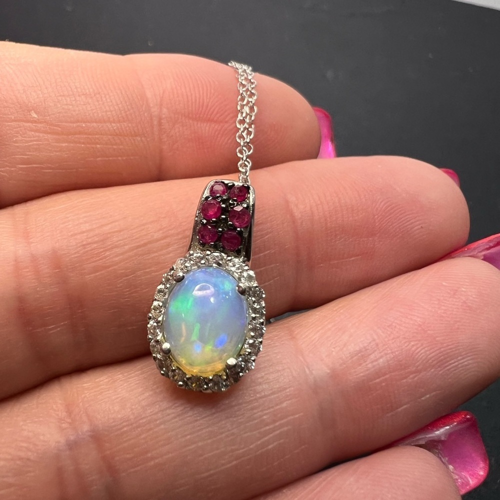 Ethiopian opal, ruby and zircon pendant and chain in platinum over sterling - Picture 9 of 14